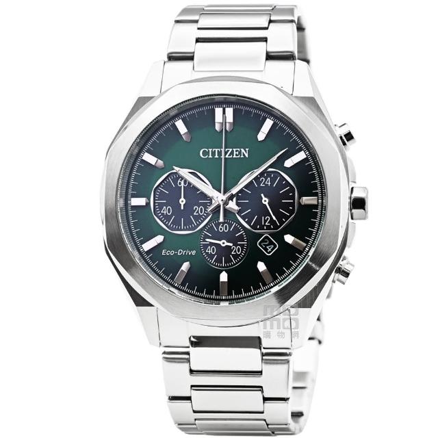【CITIZEN 星辰】星辰ECO-DRIVE大錶徑光動能計時鋼帶錶-綠面(CA4590-81X)
