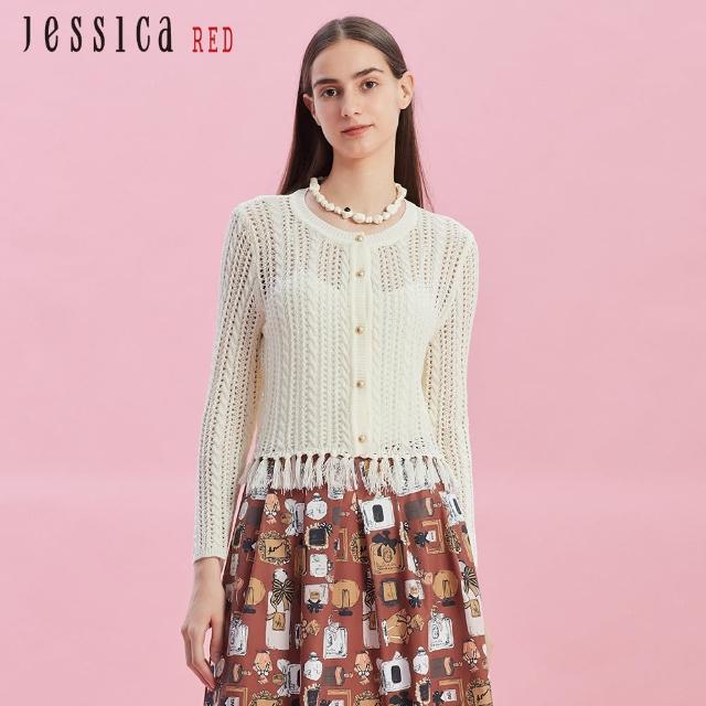 【Jessica Red】輕薄鏤空針織流蘇邊針織短外套R43401（白）