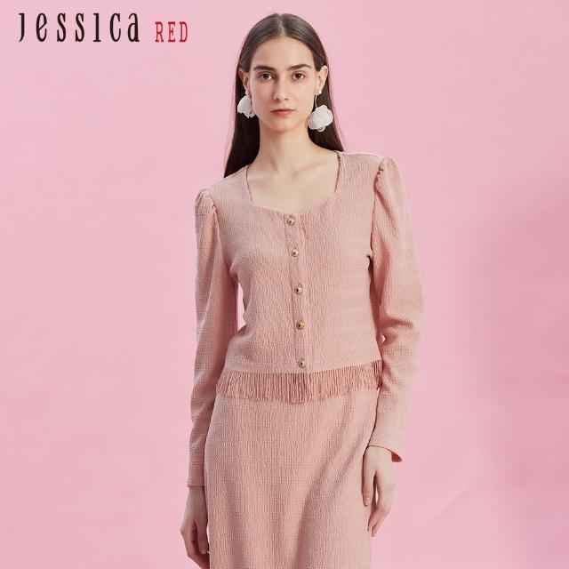 【Jessica Red】氣質甜美流蘇邊長袖短版上衣R43307（粉）