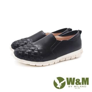 【W&M】女 真皮編織風格休閒鞋 女鞋(黑色)