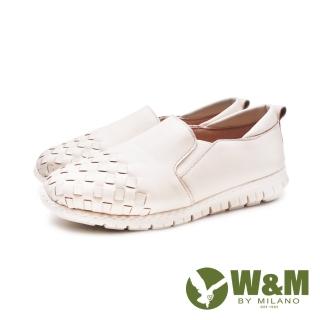 【W&M】女 真皮編織風格休閒鞋 女鞋(白色)