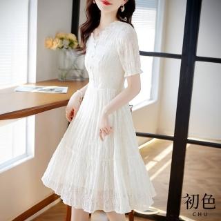 【初色】V領蕾絲顯瘦中長裙連衣裙短袖連身洋裝長洋裝-米白色-34580(M-XL可選)