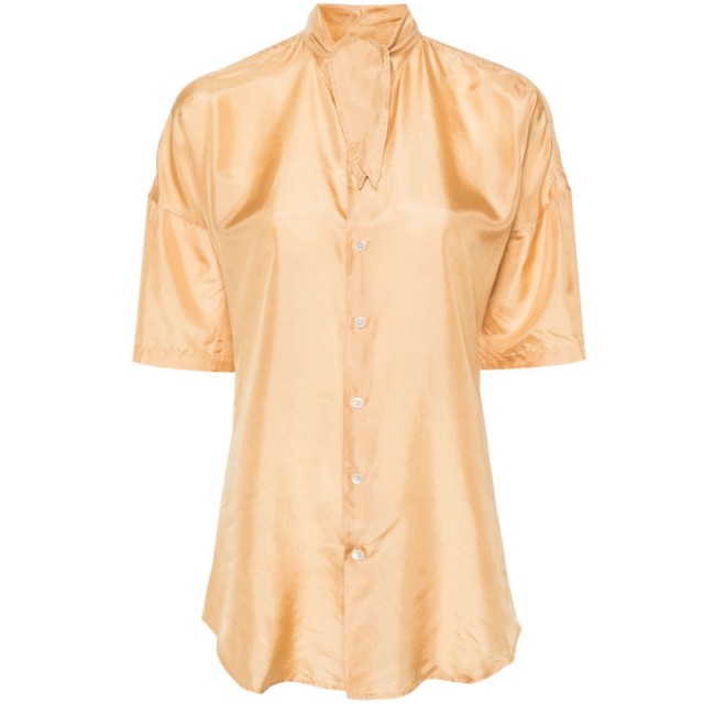 【Lemaire】時尚氣質領綁帶短袖絲襯衫(杏黃)