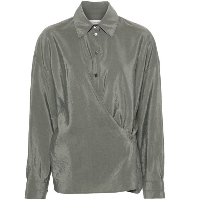 【Lemaire】時尚潮流不規則造型灰綠色襯衫(灰綠)