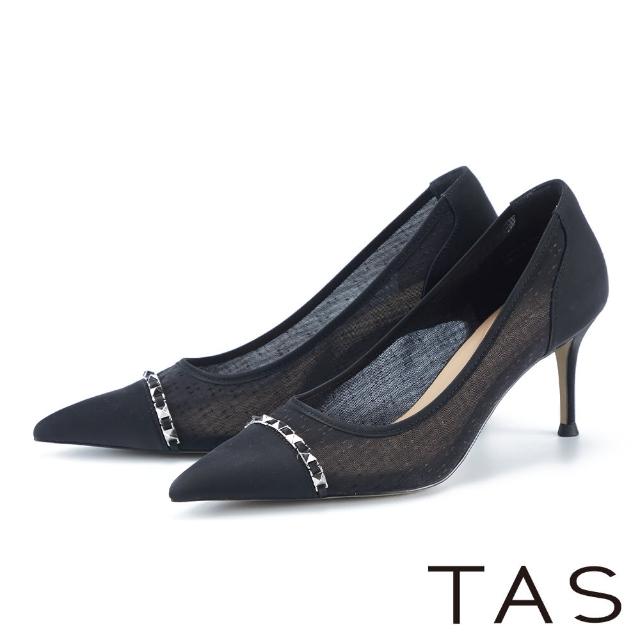 【TAS】異材質拼接金屬鍊尖頭高跟鞋(黑色)