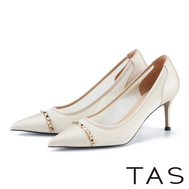【TAS】異材質拼接金屬鍊尖頭高跟鞋(米色)