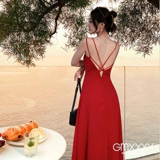 【Gmxxxx】歐美露背線條紅色顯瘦長洋裝(度假長洋裝)