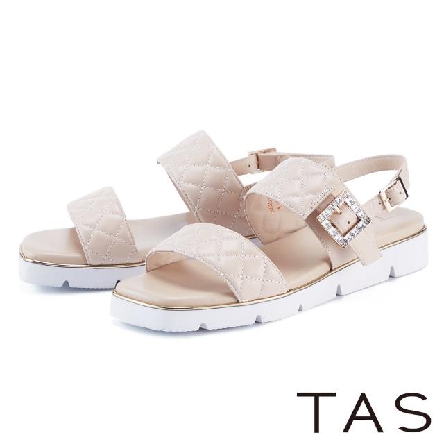 【TAS】水鑽飾釦菱格縫線真皮厚底涼鞋(裸色)