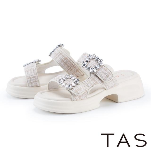 【TAS】混織毛呢方鑽飾釦厚底拖鞋(米白)
