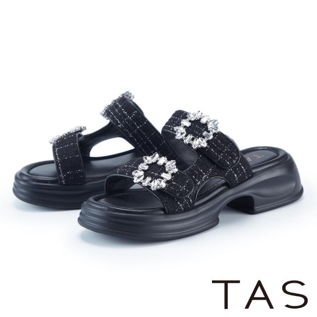 【TAS】混織毛呢方鑽飾釦厚底拖鞋(黑色)