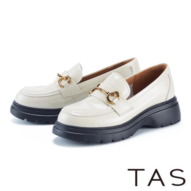 【TAS】鏡面牛皮馬銜釦厚底樂福鞋(米白)