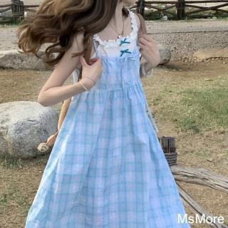 【MsMore】溫柔風森林假兩件藍格子吊帶連身裙超仙甜美背帶長洋裝#121732(藍)