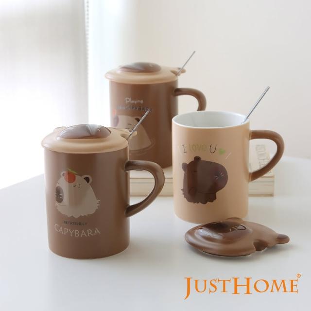 【Just Home】水豚君陶瓷360ml馬克杯3件組-附杯蓋及湯匙(馬克杯/陶瓷杯/杯子)
