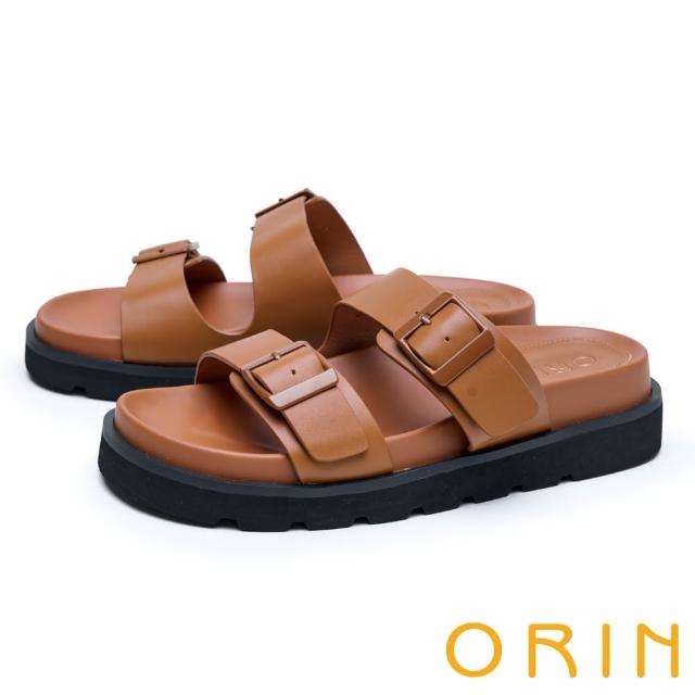 【ORIN】寬版雙帶釦牛皮平底拖鞋(棕色)