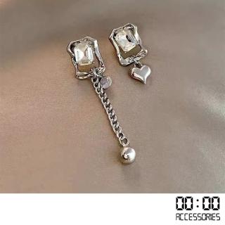 【00:00】韓國設計不對稱方晶寶石愛心流蘇鍊造型耳環(方晶耳環 寶石耳環 流蘇耳環)