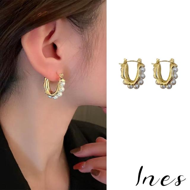 【INES】韓國設計復古珍珠鑲嵌U型耳環(珍珠耳環 U型耳環)