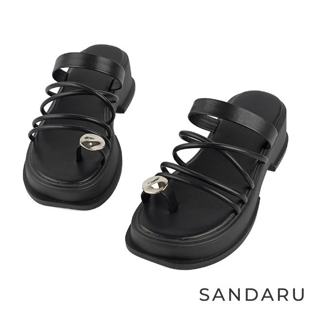 【SANDARU 山打努】拖鞋 造型銀片套指多帶厚底拖鞋(黑)