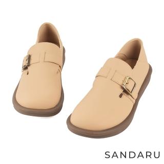 【SANDARU 山打努】懶人鞋 圓頭皮帶造型微厚底休閒鞋(卡其)
