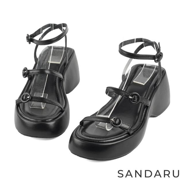 【SANDARU 山打努】涼鞋 圓釦細帶繞踝厚底涼鞋(黑)