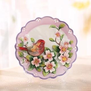 【Function Art 藝術瓷】鳥語花香 陶瓷浮雕3D掛盤 紅鳥與木枸花(附透明盤架)