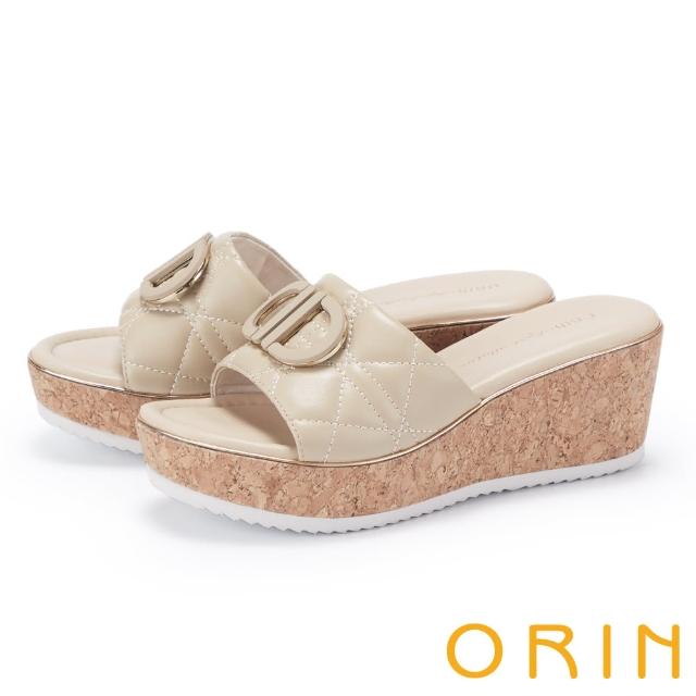 【ORIN】造型縫線羊皮坡跟厚底拖鞋(米色)