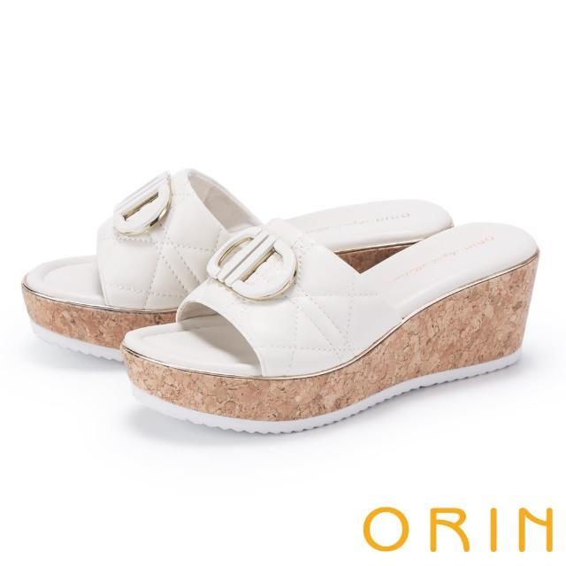 【ORIN】造型縫線羊皮坡跟厚底拖鞋(白色)