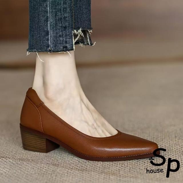 【Sp house】復古木紋跟尖頭單色時尚低跟鞋(3色可選)
