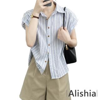 【Alishia】女款氣質文青簡約條紋短袖休閒襯衫 M-L(現+預 藍色)