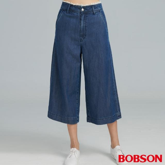 【BOBSON】女款高腰毛鬚腰頭寬管中長褲(247-52)