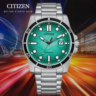 【CITIZEN 星辰】GENTS系列 光動能 波紋面手錶 -湖水綠41.5mm(AW1816-89L)
