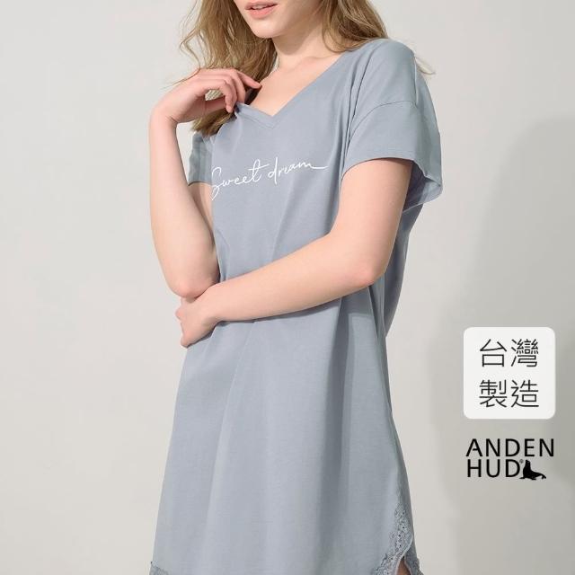 【Anden Hud】連身_療癒烘焙．V領蕾絲拼接短袖睡衣(靛灰藍-甜蜜夢境)