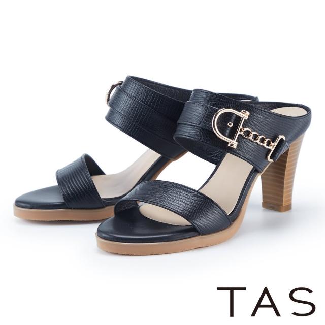 【TAS】雙帶壓紋牛皮高跟涼拖鞋(黑色)