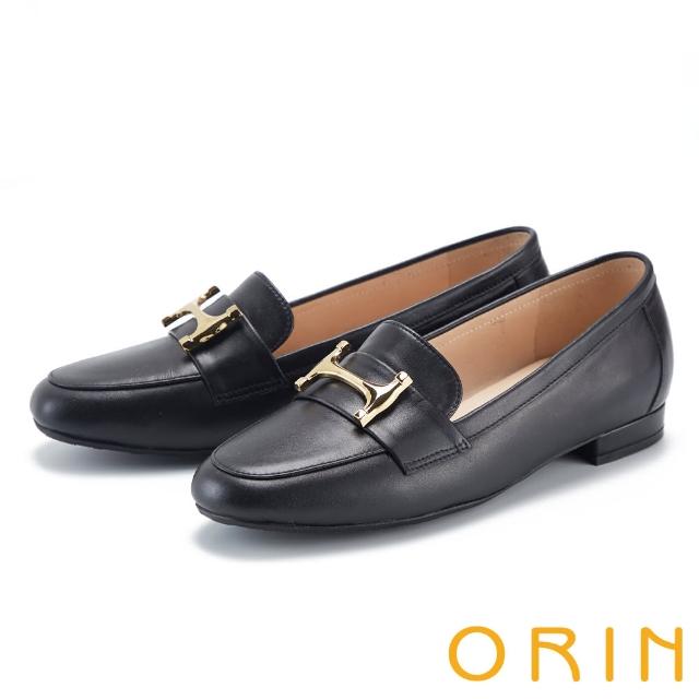 【ORIN】Ｈ字飾釦真皮樂福平底鞋(黑色)