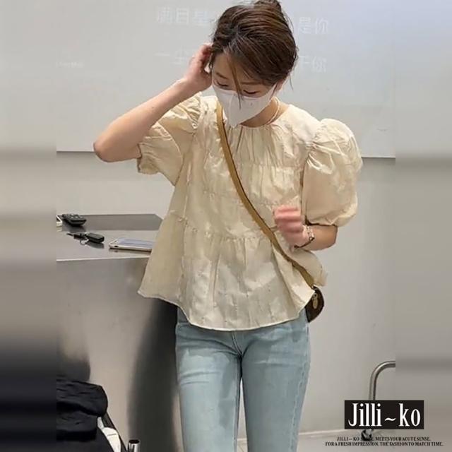 【JILLI-KO】泡泡袖上衣女法式設計短袖襯衫-F(杏)