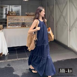 【JILLI-KO】韓版休閒丹寧繞頸無袖背心洋裝女-F(藍)