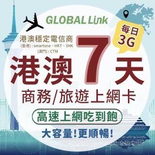 【GLOBAL LINK 全球通】港澳7天上網卡 每日3GB 過量降速吃到飽 4G網速(港澳穩定電信商 即插即用)