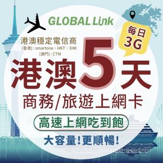 【GLOBAL LINK 全球通】港澳5天上網卡 每日3GB 過量降速吃到飽 4G網速(港澳穩定電信商 即插即用)