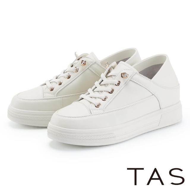 【TAS】免綁帶經典縫線真皮厚底休閒鞋(米色)
