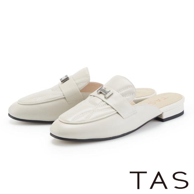 【TAS】縫線造型H飾釦羊皮低跟穆勒鞋(米白)