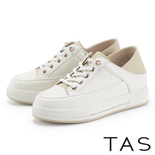 【TAS】免綁帶經典縫線真皮厚底休閒鞋(米+杏)