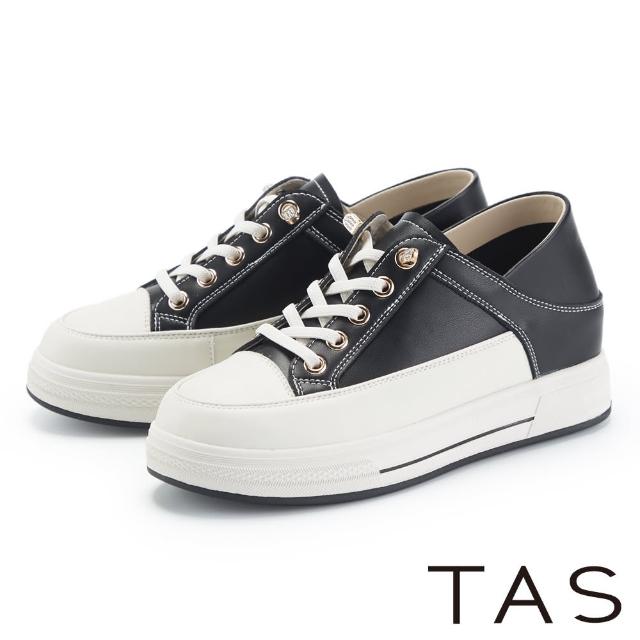 【TAS】免綁帶經典縫線真皮厚底休閒鞋(黑色)