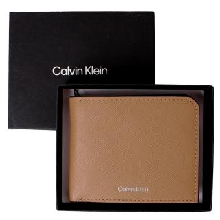 【Calvin Klein 凱文克萊】CK燙銀LOGO防刮皮革多卡片層男短夾/皮夾(卡其棕)
