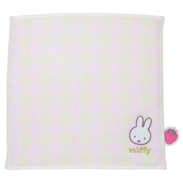【小禮堂】Miffy 米飛兔 純棉小方巾 25x25cm - 草莓格紋款(平輸品)