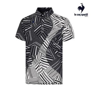 【LE COQ SPORTIF 公雞】高爾夫系列 男款黑色幾何學風格特色機能防曬短袖POLO衫 QGT2J212