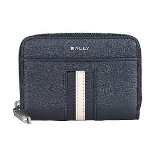 【BALLY】BALLY Ribbon經典銀字LOGO小牛皮藍白藍直條4卡拉鍊卡夾零錢包(午夜藍)