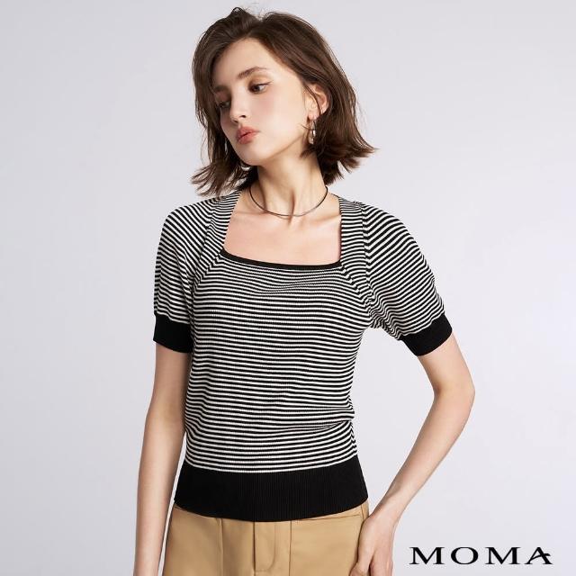 【MOMA】簡約方領條紋針織上衣(黑色)