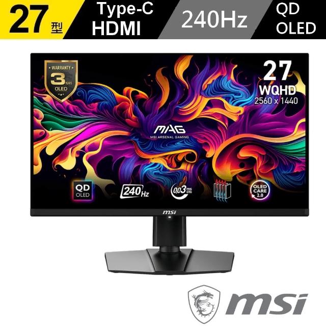 【MSI 微星】MAG 271QPX E2 27型 QD-OLED 2K 240Hz 電競螢幕(WQHD/Type C/Adaptive sync/0.03ms/HDR400)