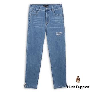【Hush Puppies】女裝 長褲 品牌英文印花斜開岔牛仔褲(深藍 / 43221101)