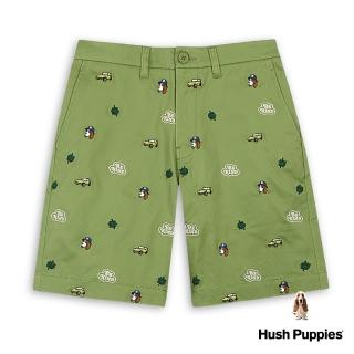 【Hush Puppies】男裝 短褲 滿版品牌趣味造型刺繡休閒短褲(淺綠 / 43122107)