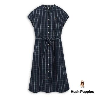 【Hush Puppies】女裝 洋裝 經典格紋開襟腰綁帶落肩洋裝(丈青 / 43215109)